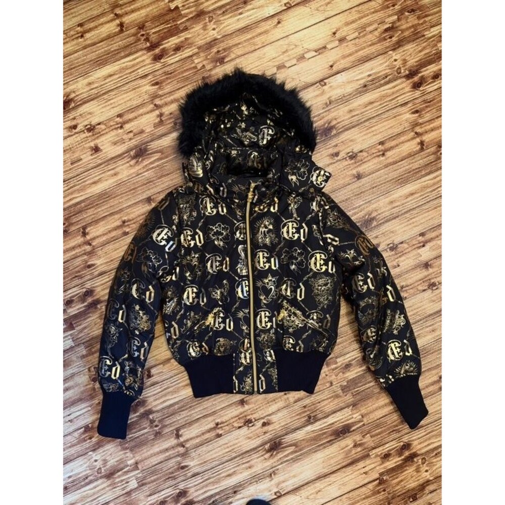 Vintage Ed Hardy Black and Gold Puffer Jacket NWOT